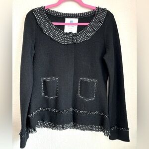 Sparrow Anthropologie Au Fait 100% Merino Wool Raw Hem Ribbon Trim Cardi…